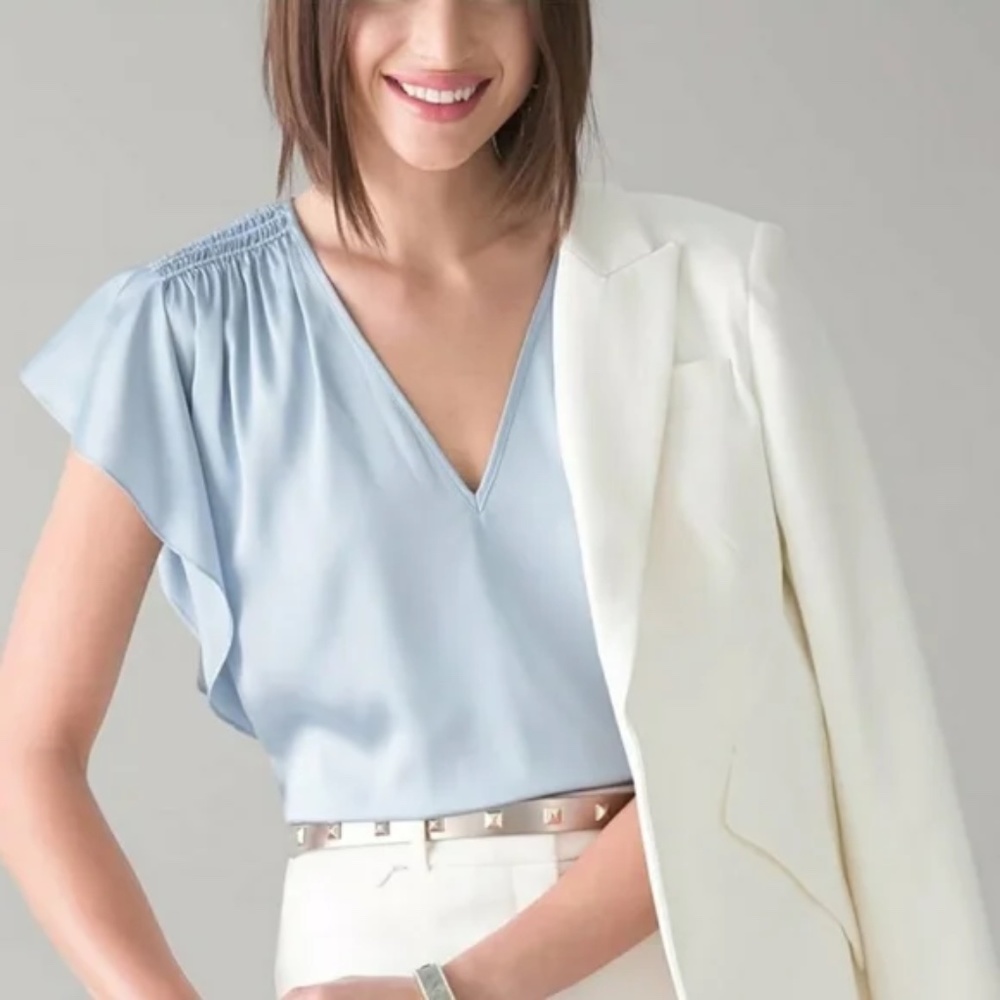 White House Black Market XS V Neck Flutter Sleeve Top